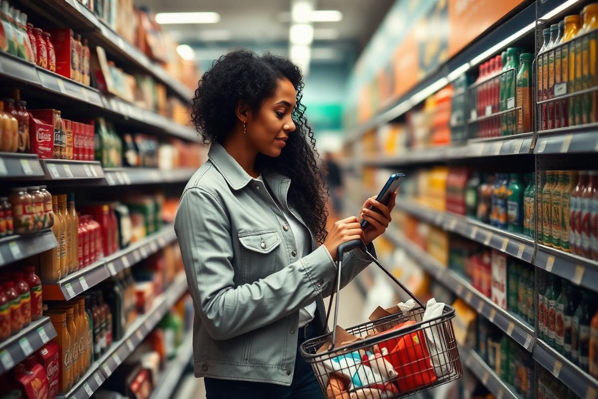 Shopper comparing prices on a phone in a supermarket aisle