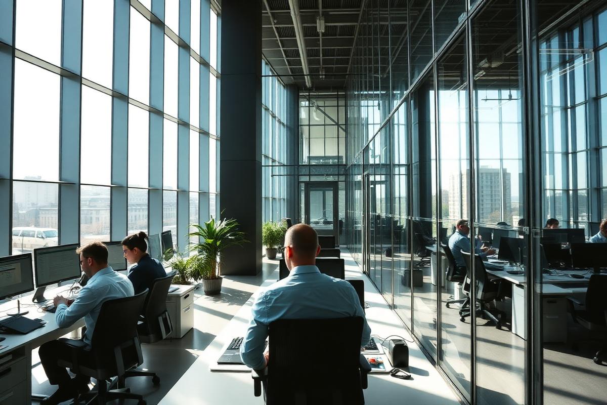 Modern glass office in Poland with engineers at work, representing Consult Red's new local offices