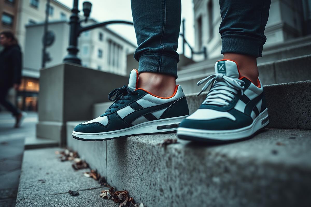 Close-up of retro trainers on urban concrete steps in a Central European city